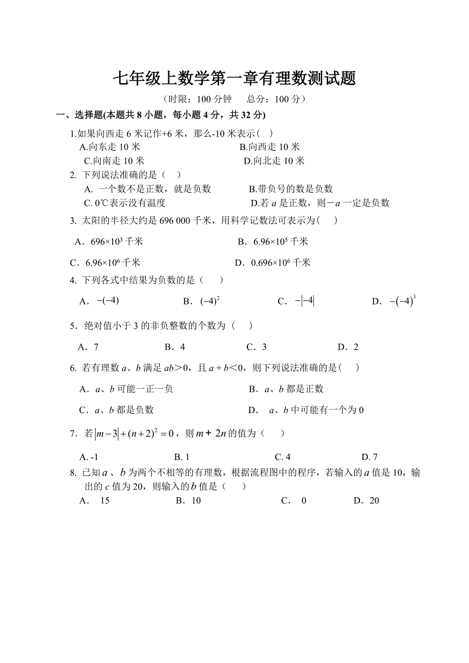 七年级上数学第一章有理数测试题_第1页