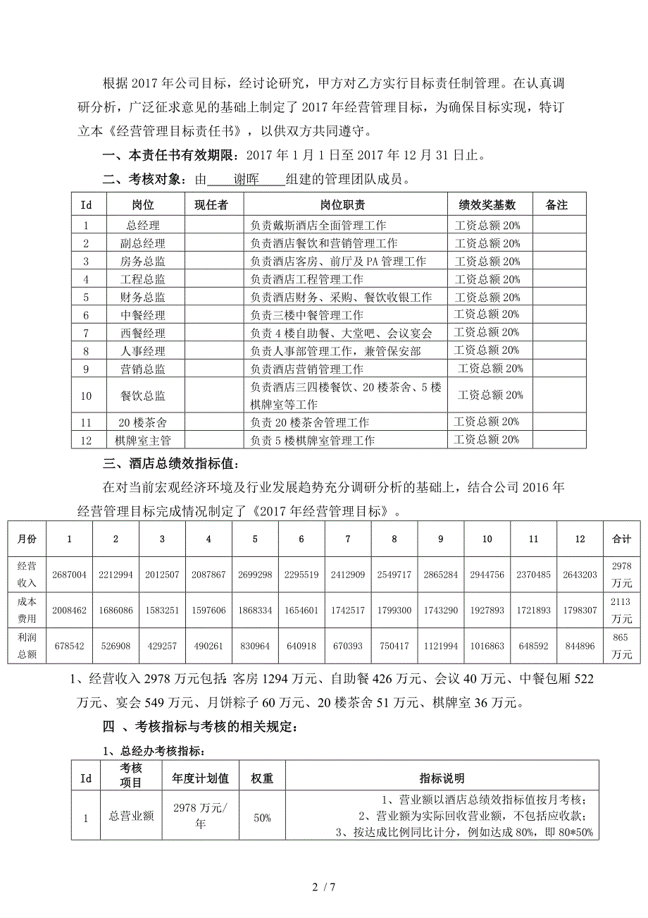 酒店经营管理目标责任书_第2页