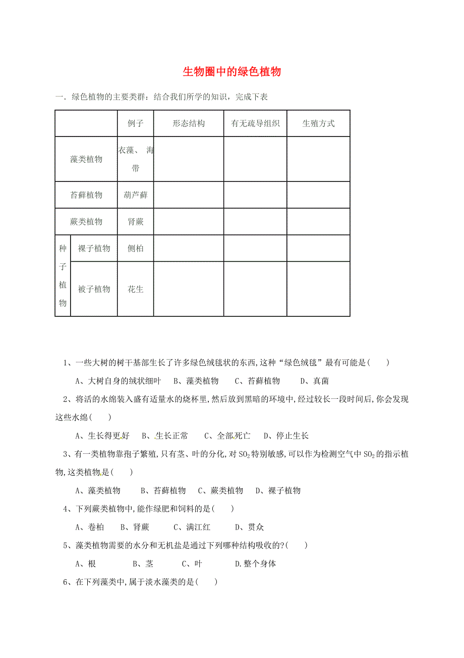 精选类山东省青岛市第四中学七年级生物上册3.1.1藻类苔藓蕨类种子植物同步练习无答案新版新人教版_第1页