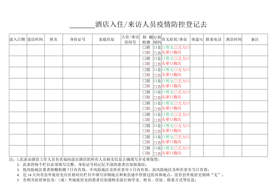 酒店入住人员疫情防控登记表_第2页