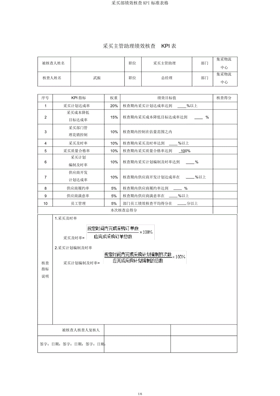 采购部绩效考核KPI表格.docx_第1页