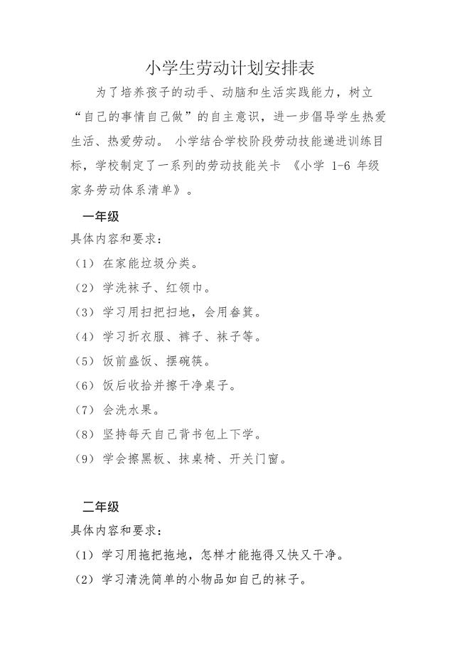 (完整版)小学生劳动清单(最新整理)