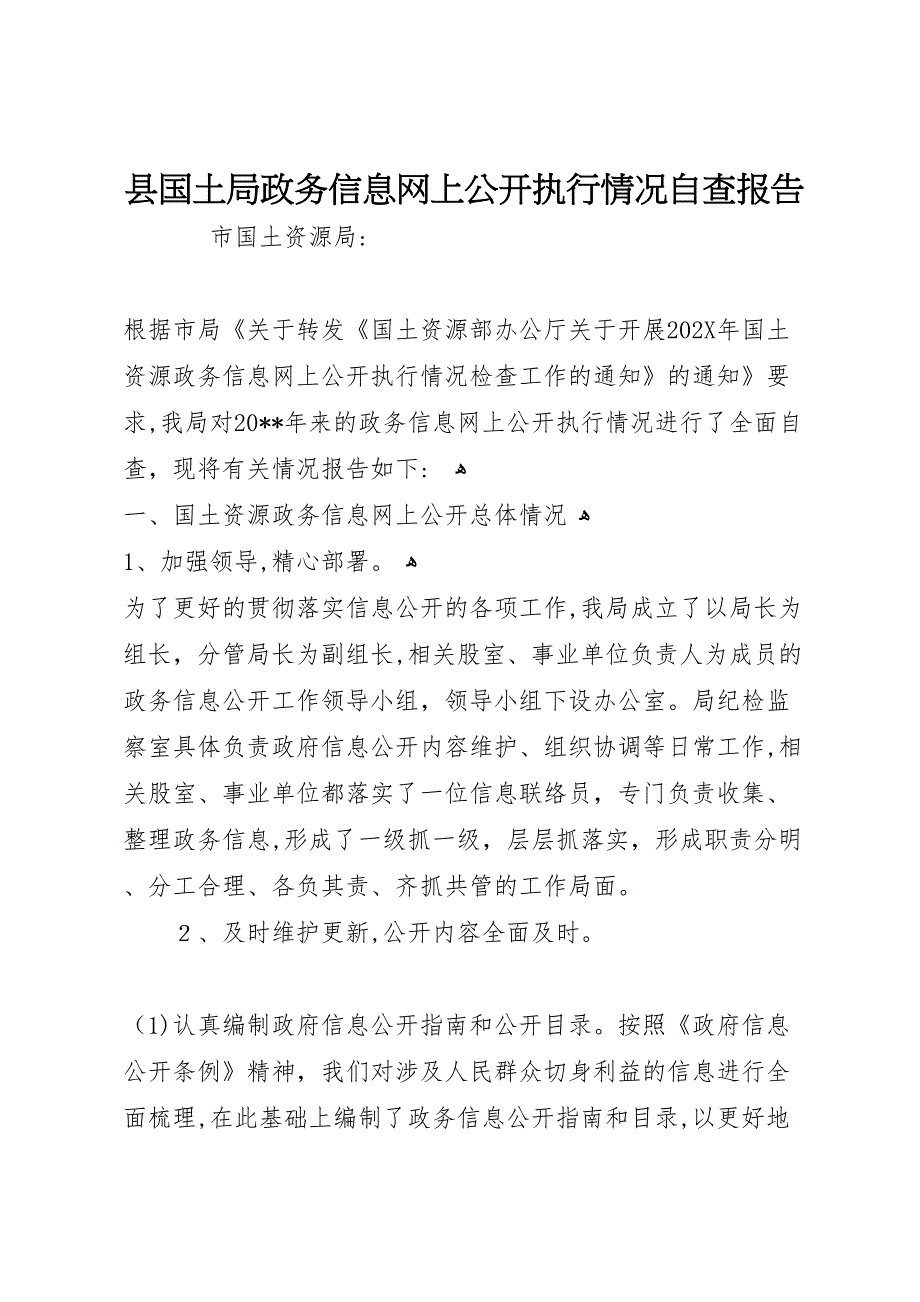 县国土局政务信息网上公开执行情况自查报告_第1页