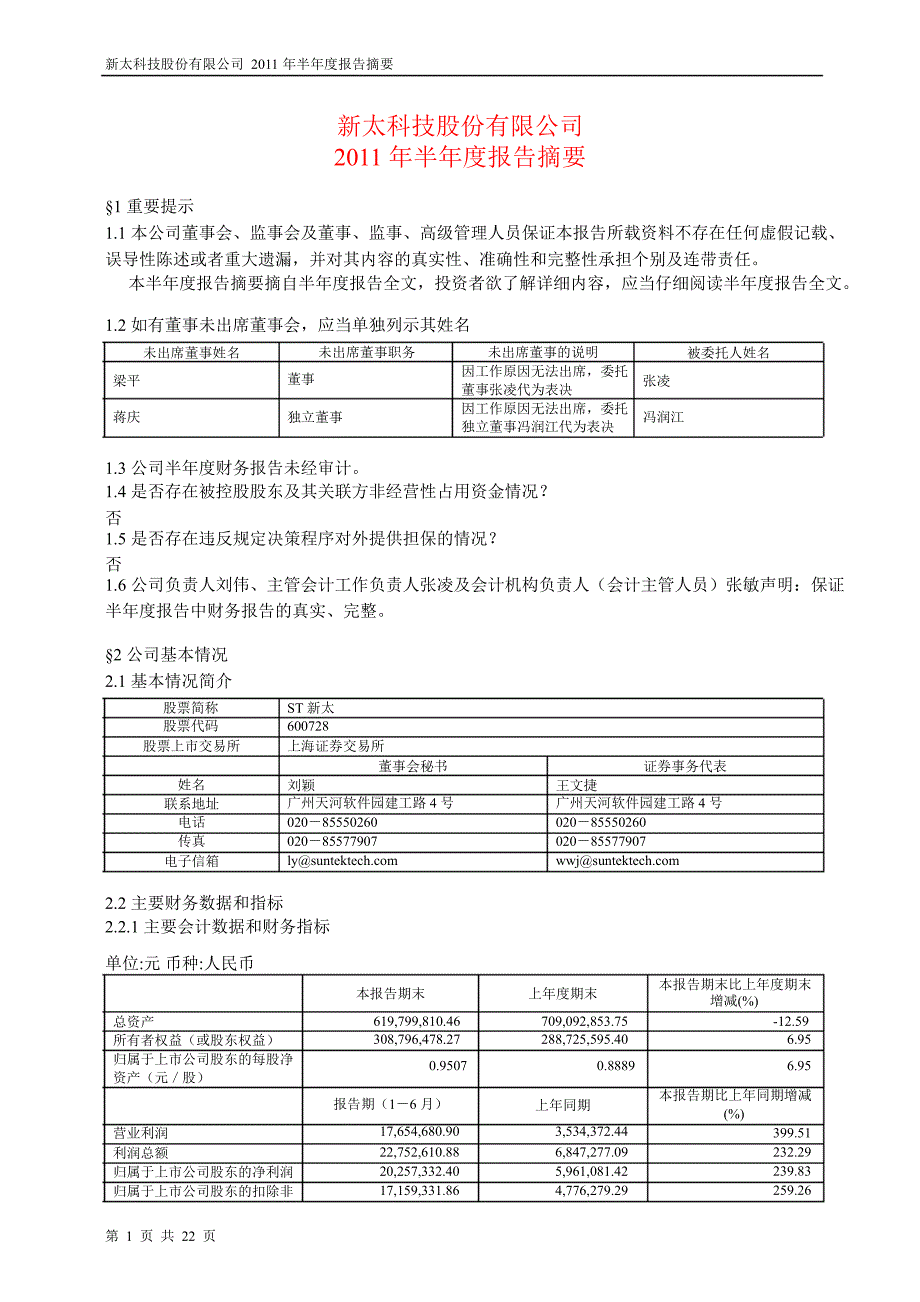 600728ST新太半年报摘要_第1页