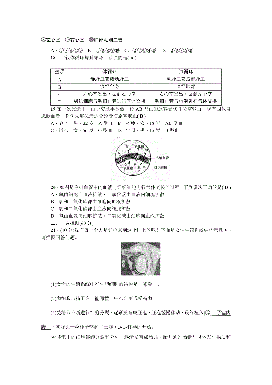 2020-2021年人教版七年级下册生物期中测试卷_第3页