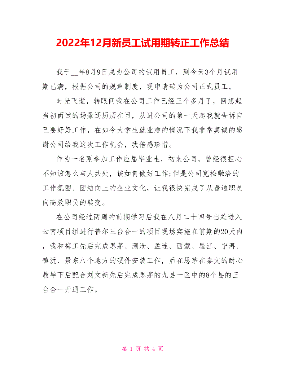 2022年12月新员工试用期转正工作总结_第1页