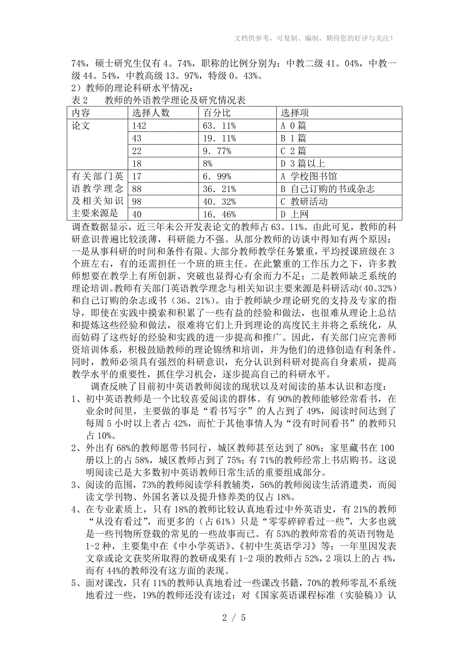 初中英语教师阅读状况的调查报告_第2页