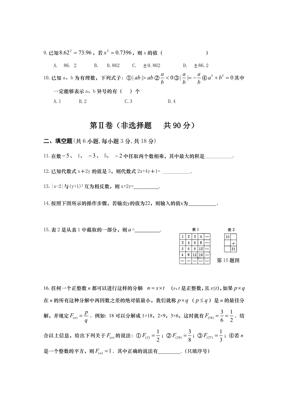 汉阳区2013～2014学年度第一学期期中七年级数学试卷_第2页