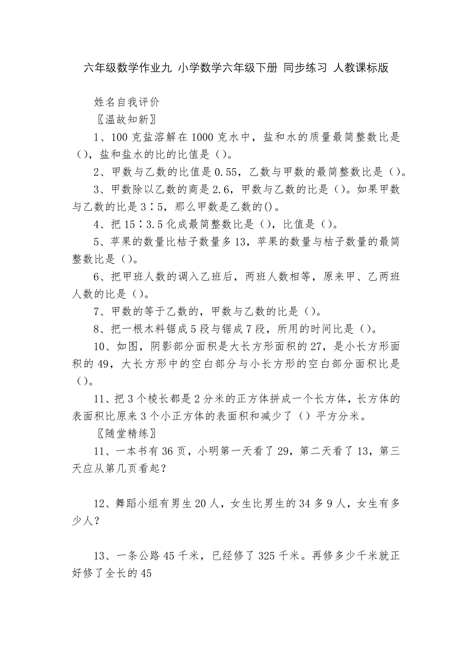 六年级数学作业九-小学数学六年级下册-同步练习-人教课标版---.docx_第1页