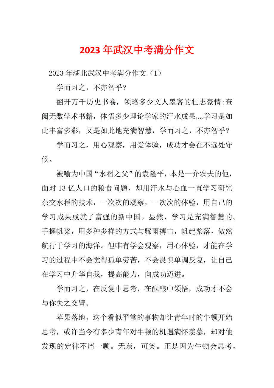 2023年武汉中考满分作文_第1页