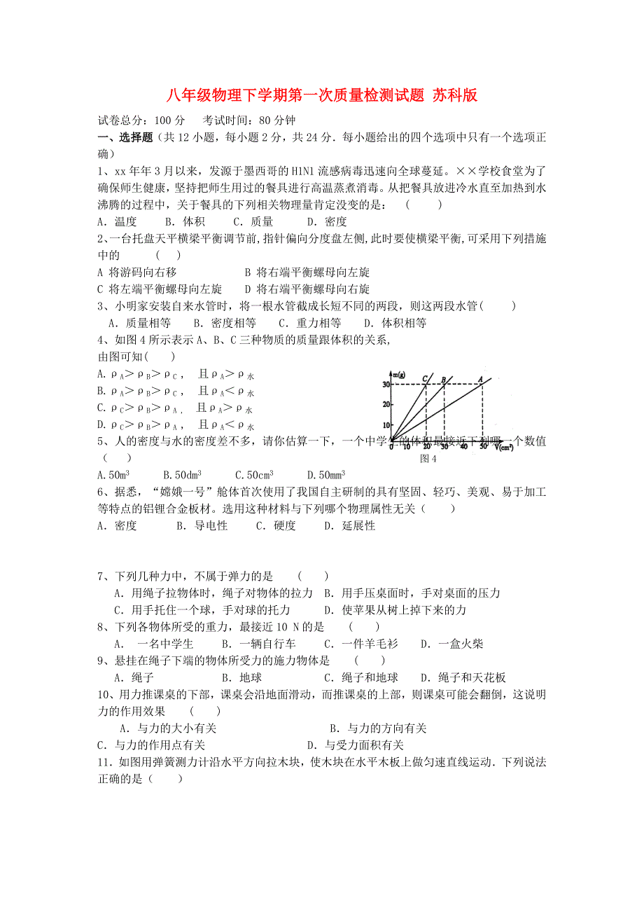 八年级物理下学期第一次质量检测试题 苏科版_第1页