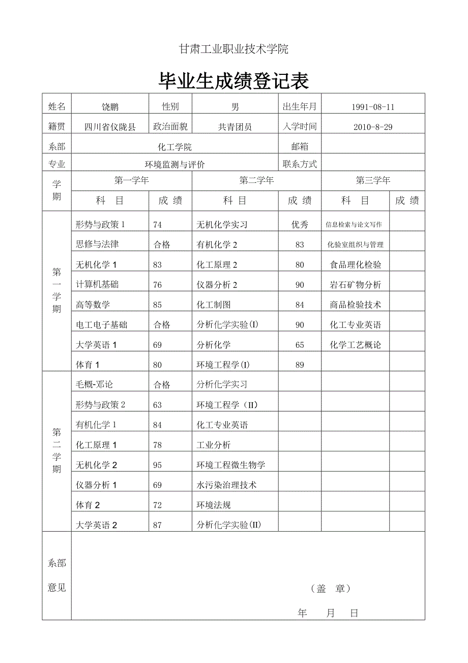 毕业生成绩登记表_第1页