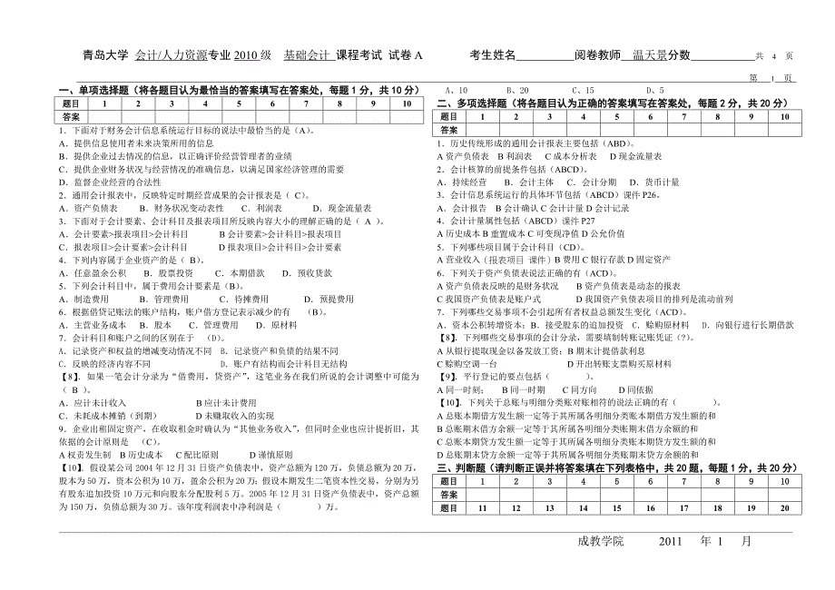 青岛大学会计系温天璟基础会计期末考试题清华版.doc_第1页