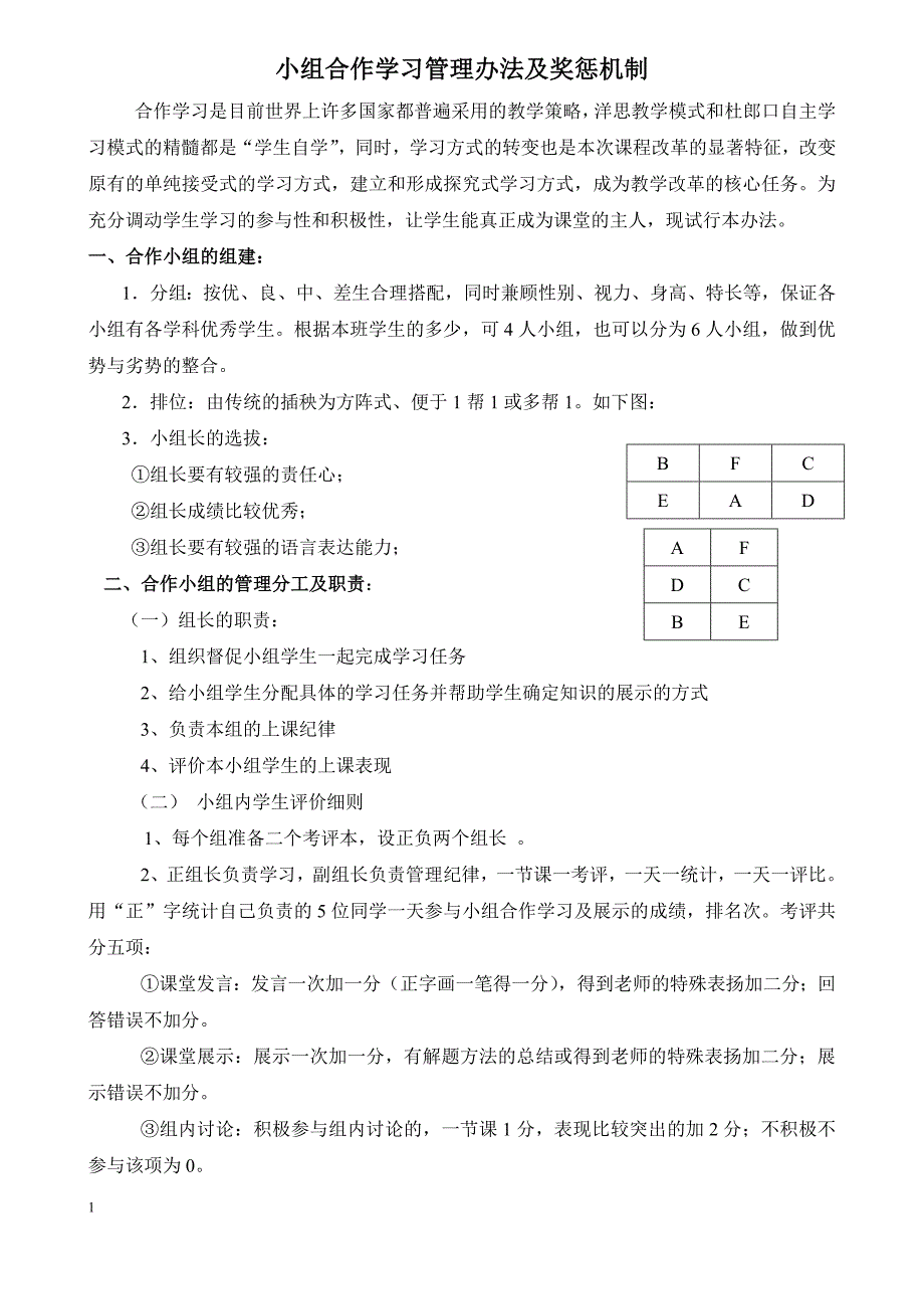 小组合作学习管理办法及奖惩及表格.doc_第1页