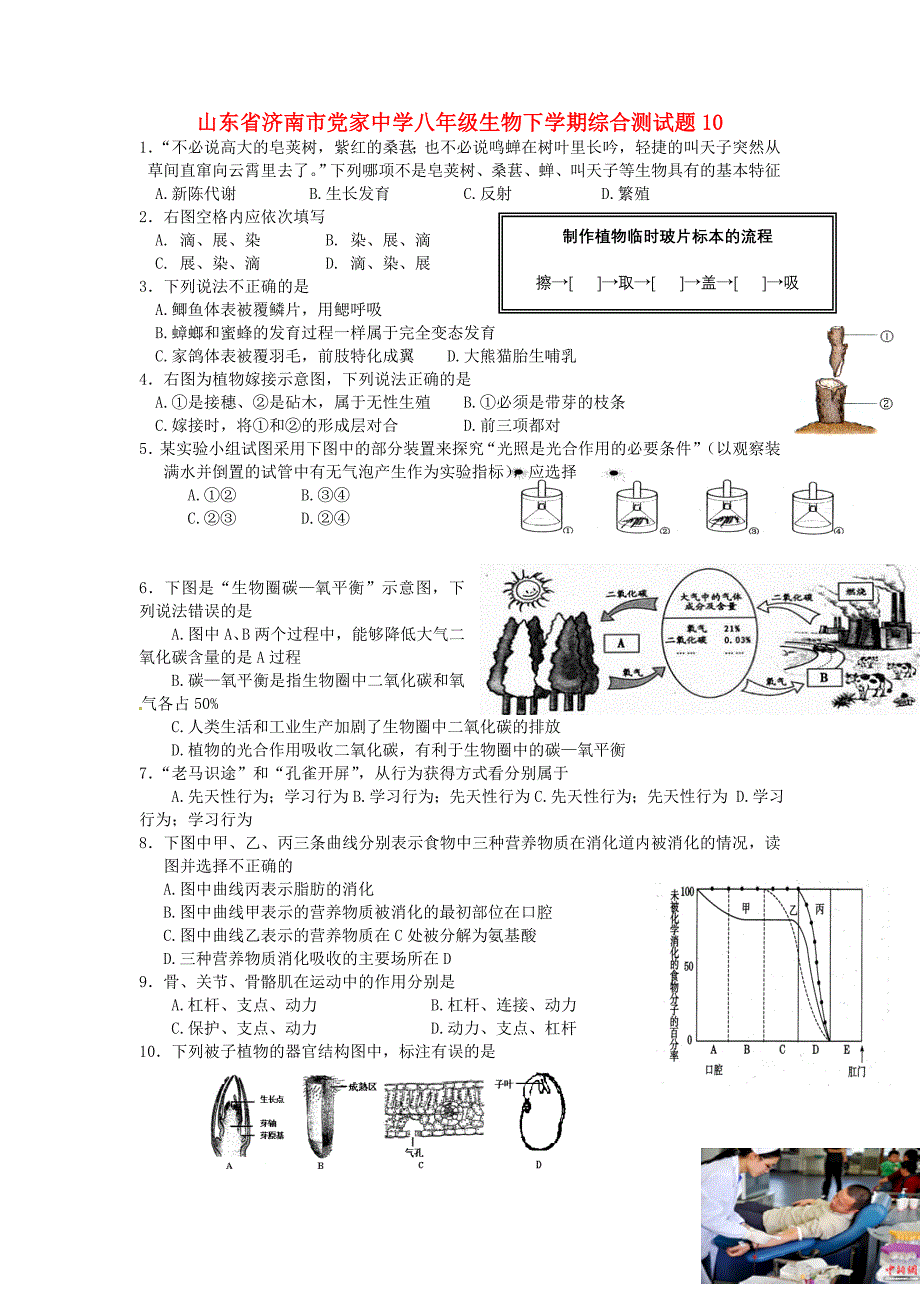 山东省济南市党家中学八年级生物下学期综合测试题10无答案济南版_第1页