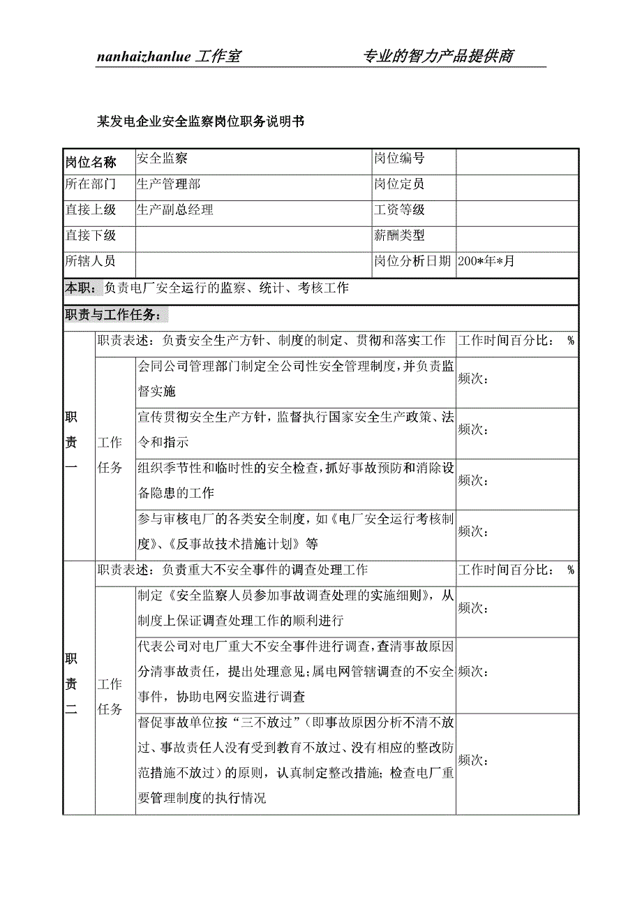 某发电企业安全监察岗位职务说明书_第1页