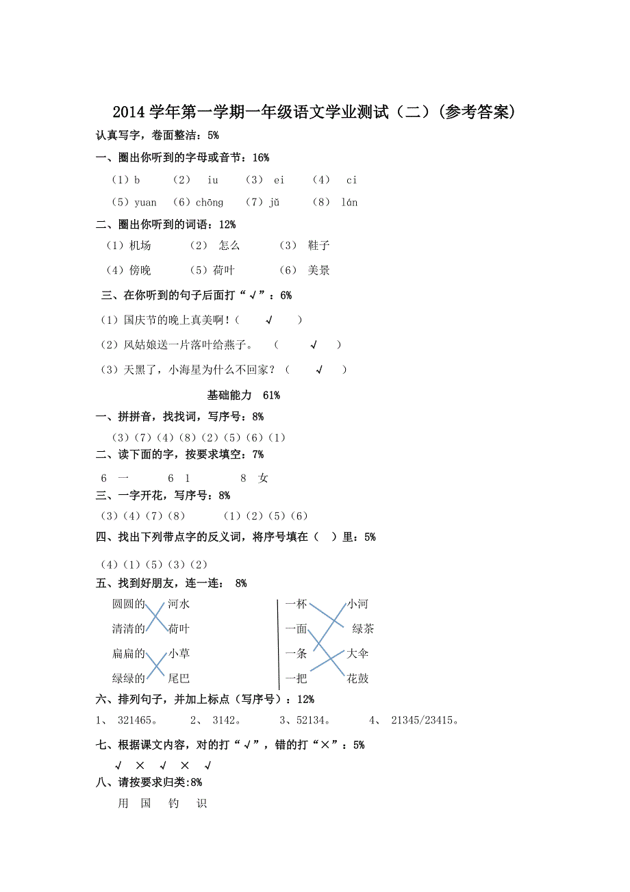 一年级语文第一学期期末试题及答案_第4页