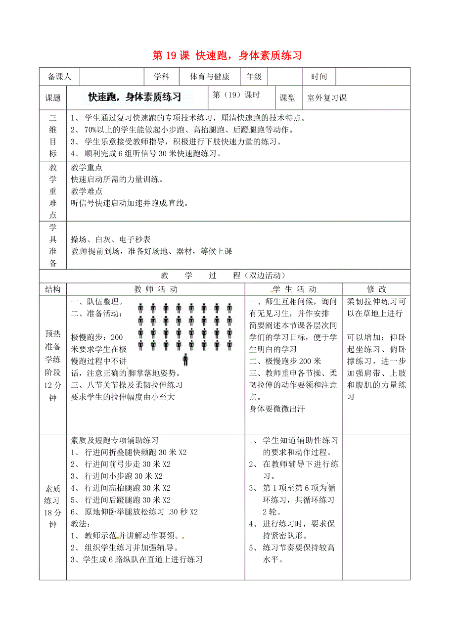 江苏省南通市唐闸中学九年级体育第19课快速跑身体素质练习教案_第1页