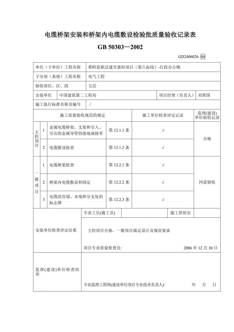 电缆桥架安装和桥架内电缆敷设检验批质量验收记录表_第5页