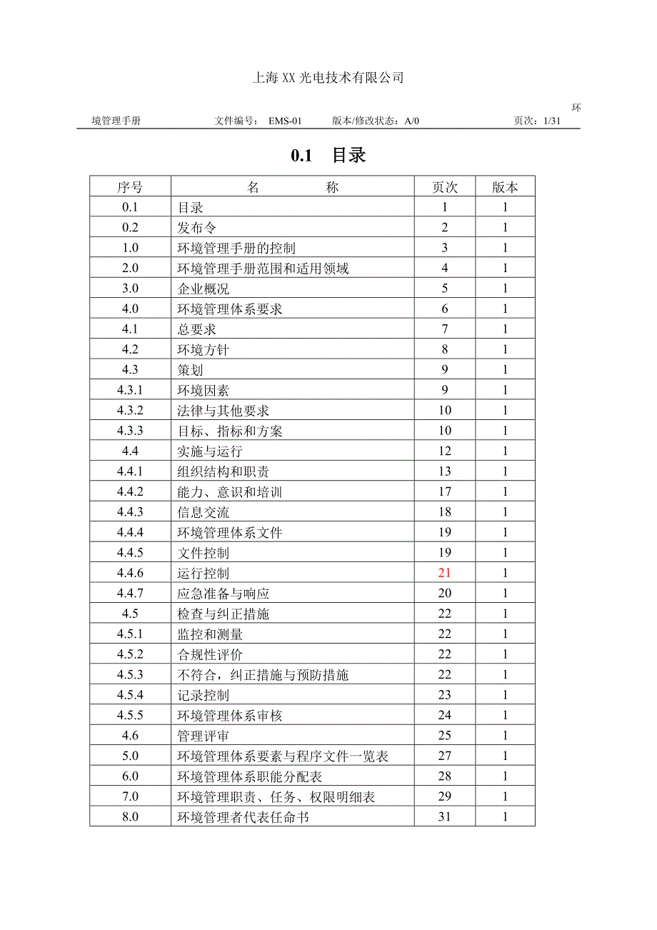 XX光电技术公司环境管理手册范本_第1页