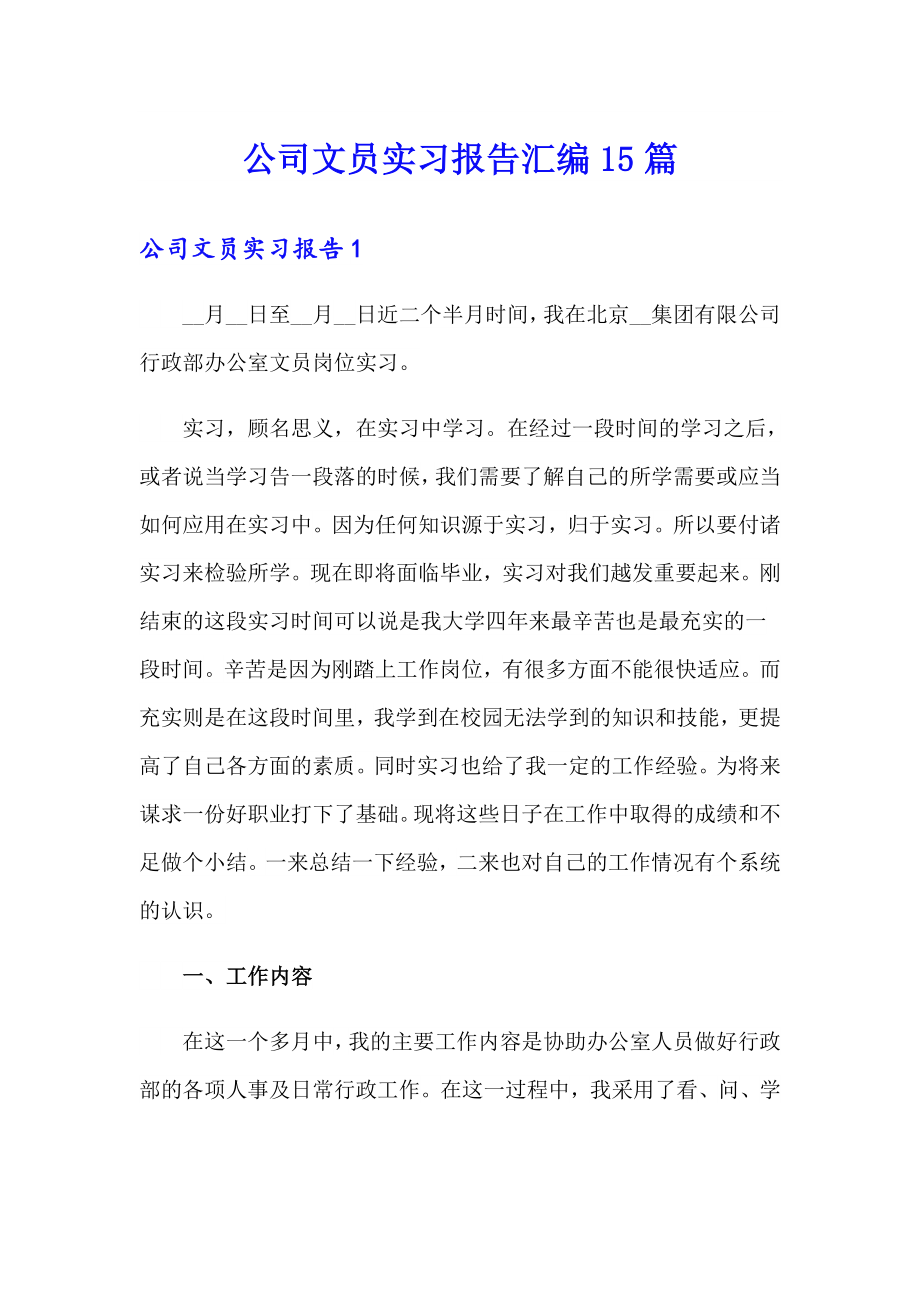 公司文员实习报告汇编15篇_第1页