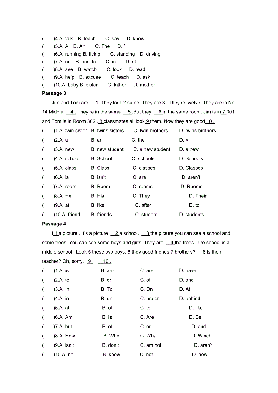 七年级上册英语阅读理解完形填空和阅读理解填词专练_第4页