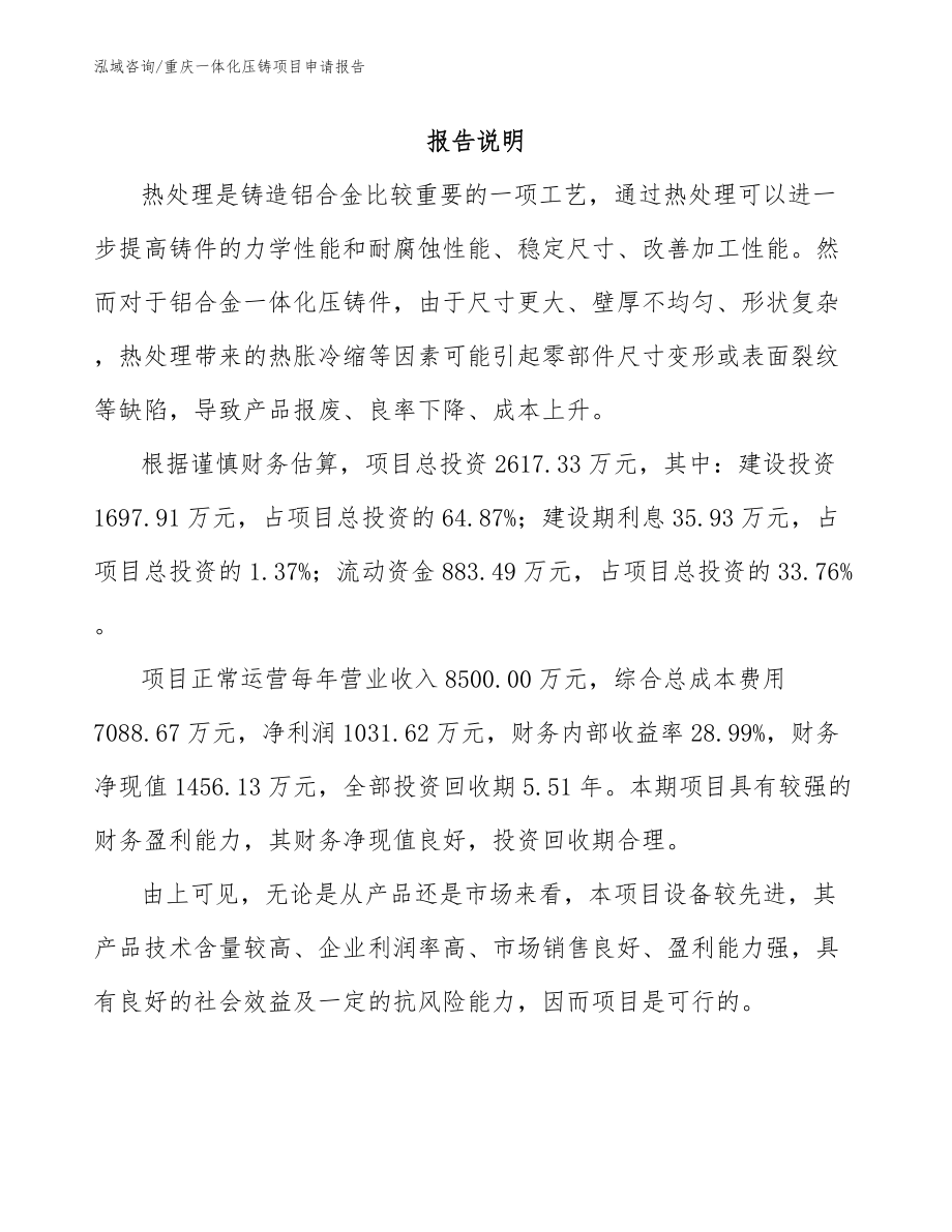 重庆一体化压铸项目申请报告范文参考_第1页