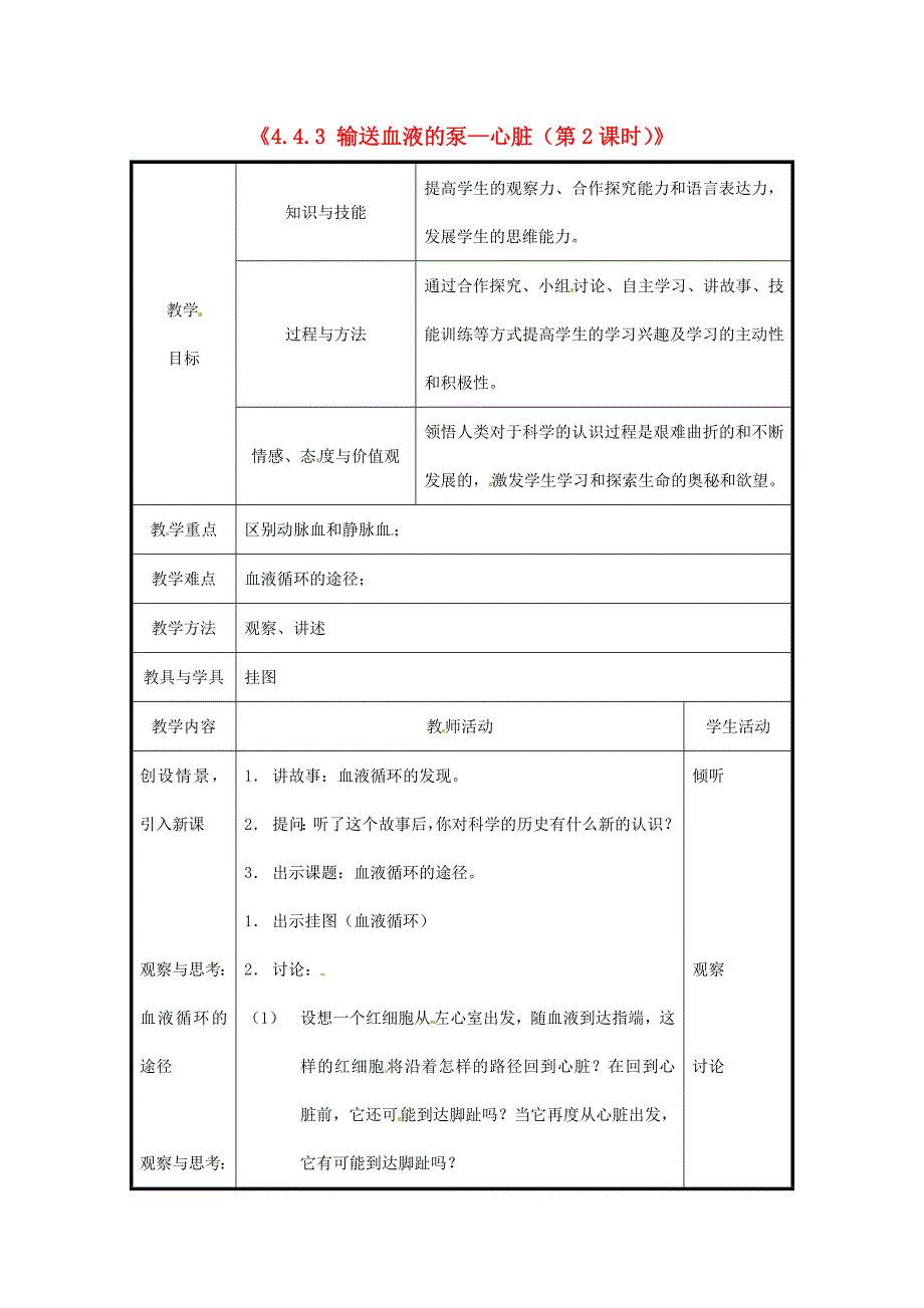 精选类北京市和平北路学校七年级生物下册4.4.3输送血液的泵心脏第2课时教案新人教版_第1页