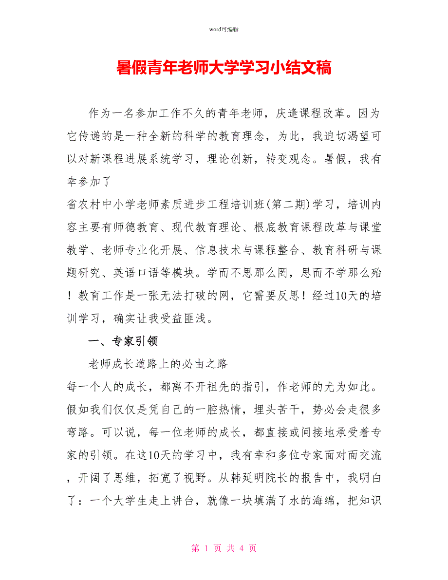 暑假青年教师大学学习小结文稿_第1页