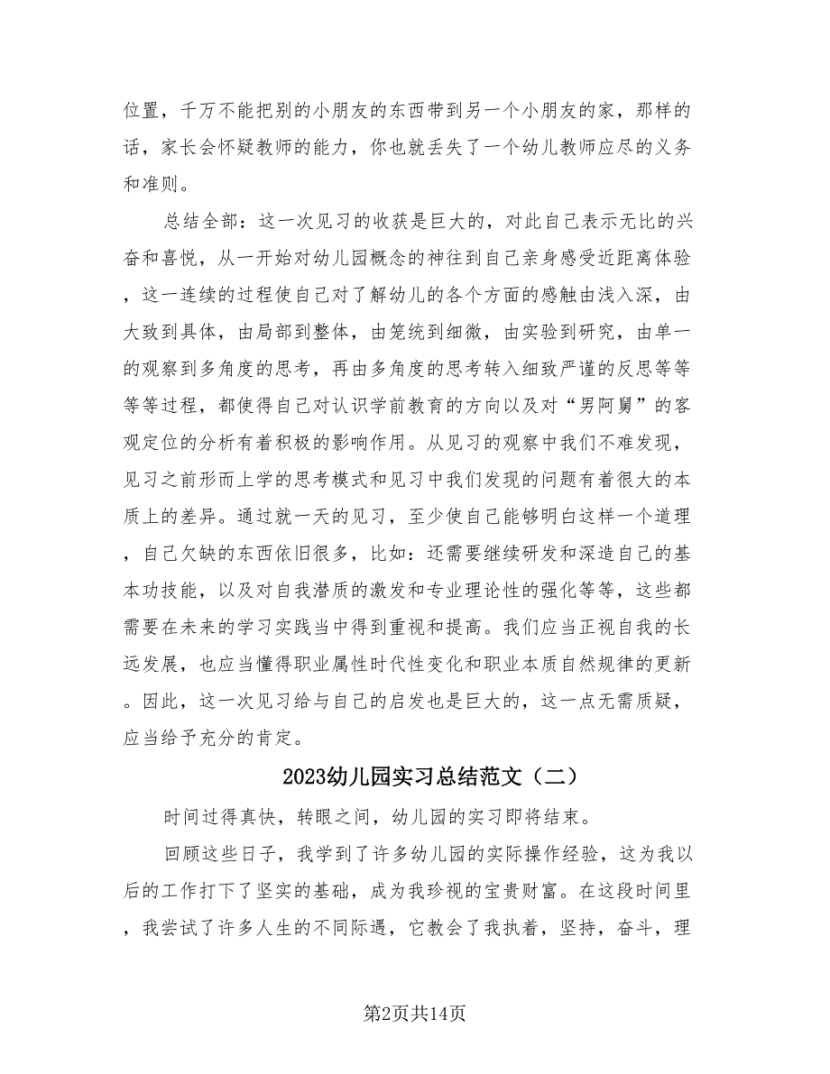 2023幼儿园实习总结范文（4篇）.doc_第2页