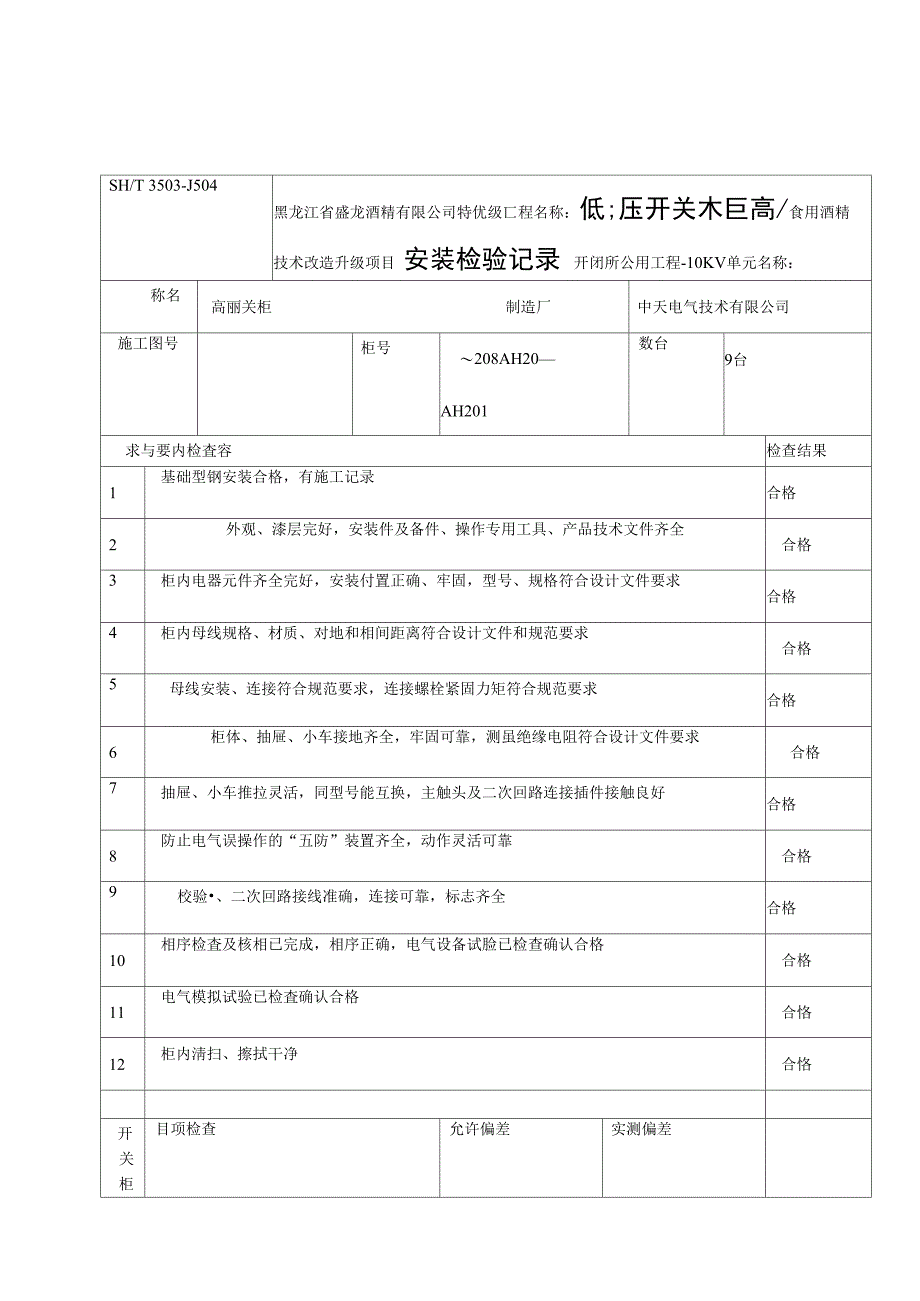 高压开关柜安装检验记录-10KV开闭所_第1页