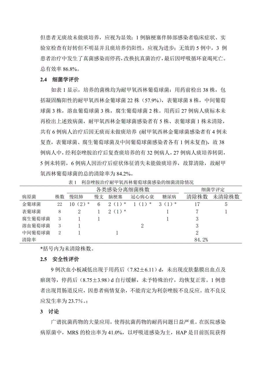 利奈唑胺治疗老年患者耐甲氧西林葡萄球菌感染的临床及细菌学评价.doc_第3页