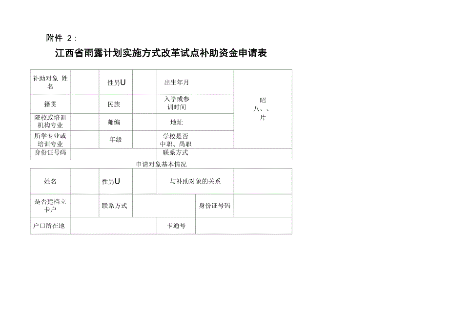 江西省“雨露计划”实施方式改革试点补助申请表_第1页