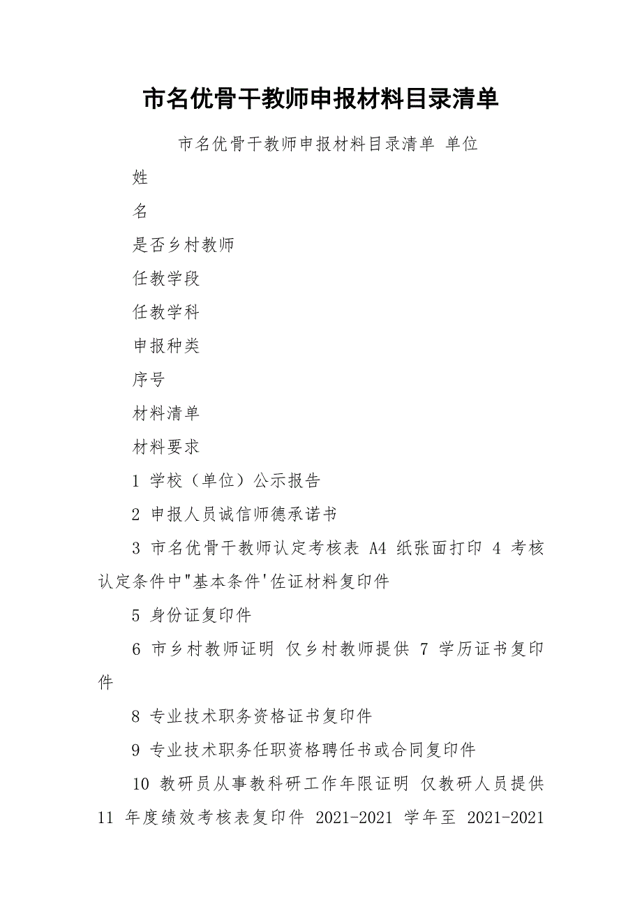 市名优骨干教师申报材料目录清单.docx_第1页