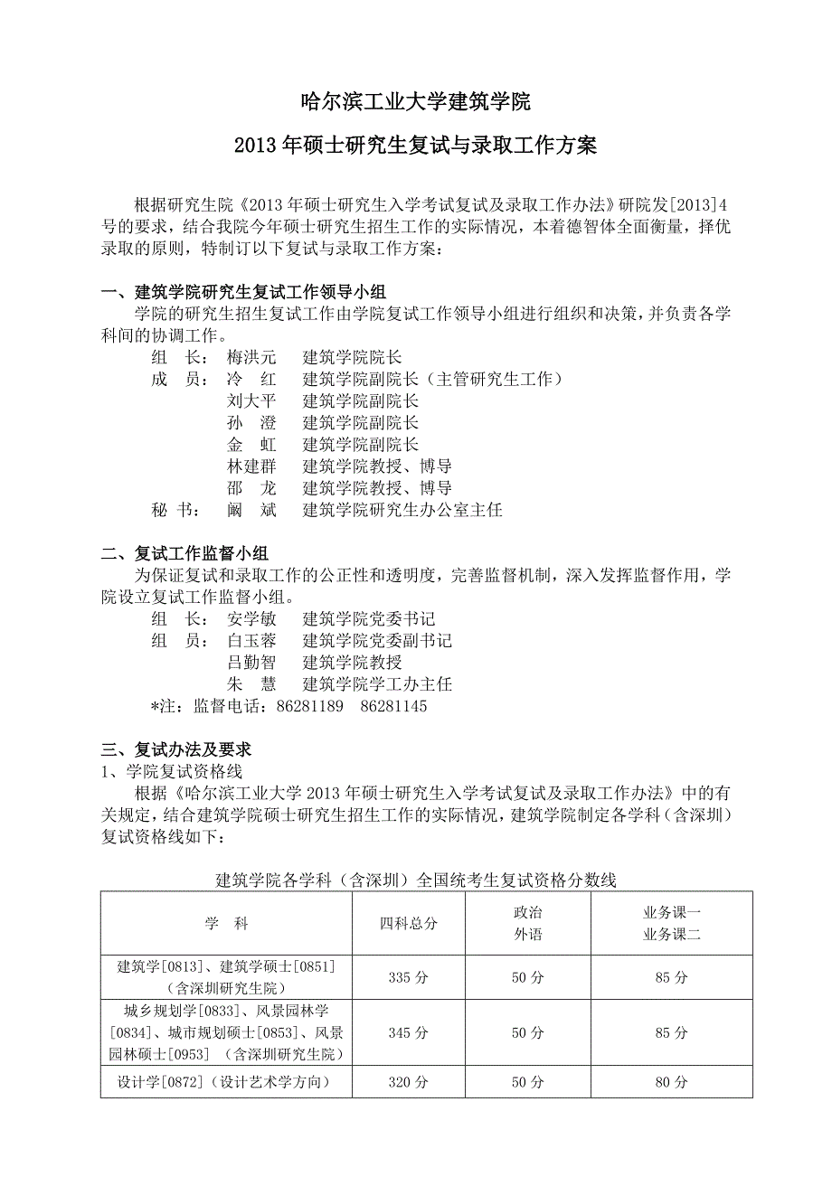哈尔滨工业大学建筑学院2013年硕士研究生招生复试方案_第1页