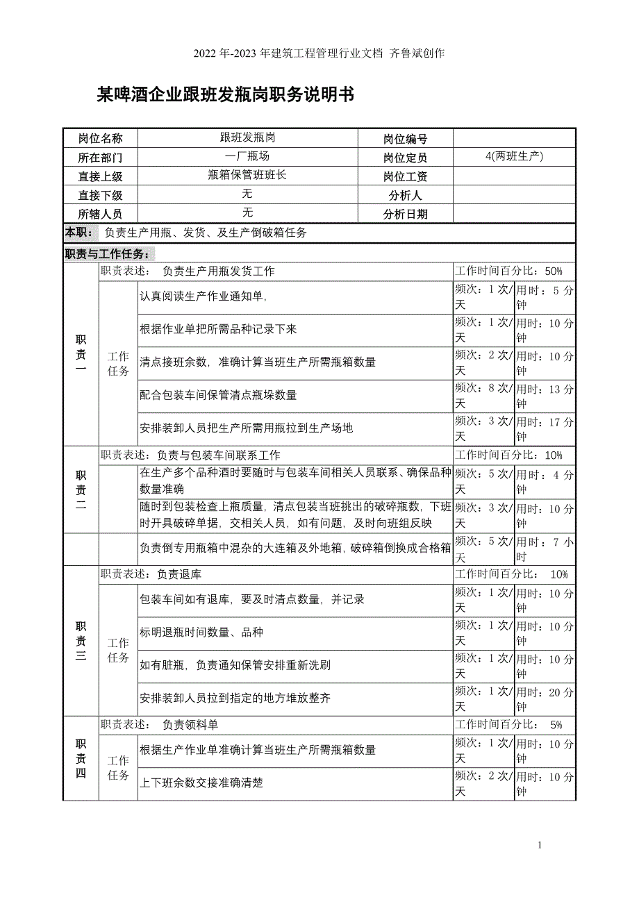 某啤酒企业跟班发瓶岗职务说明书_第1页