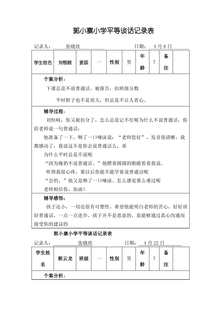 一年级平等谈话记录表_第1页