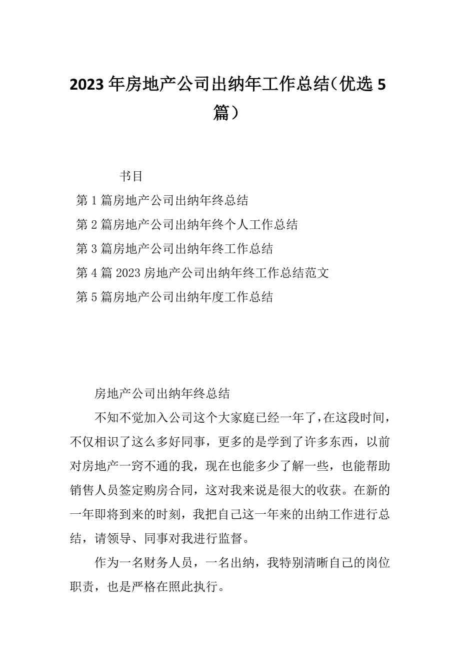 2023年房地产公司出纳年工作总结（优选5篇）_第1页