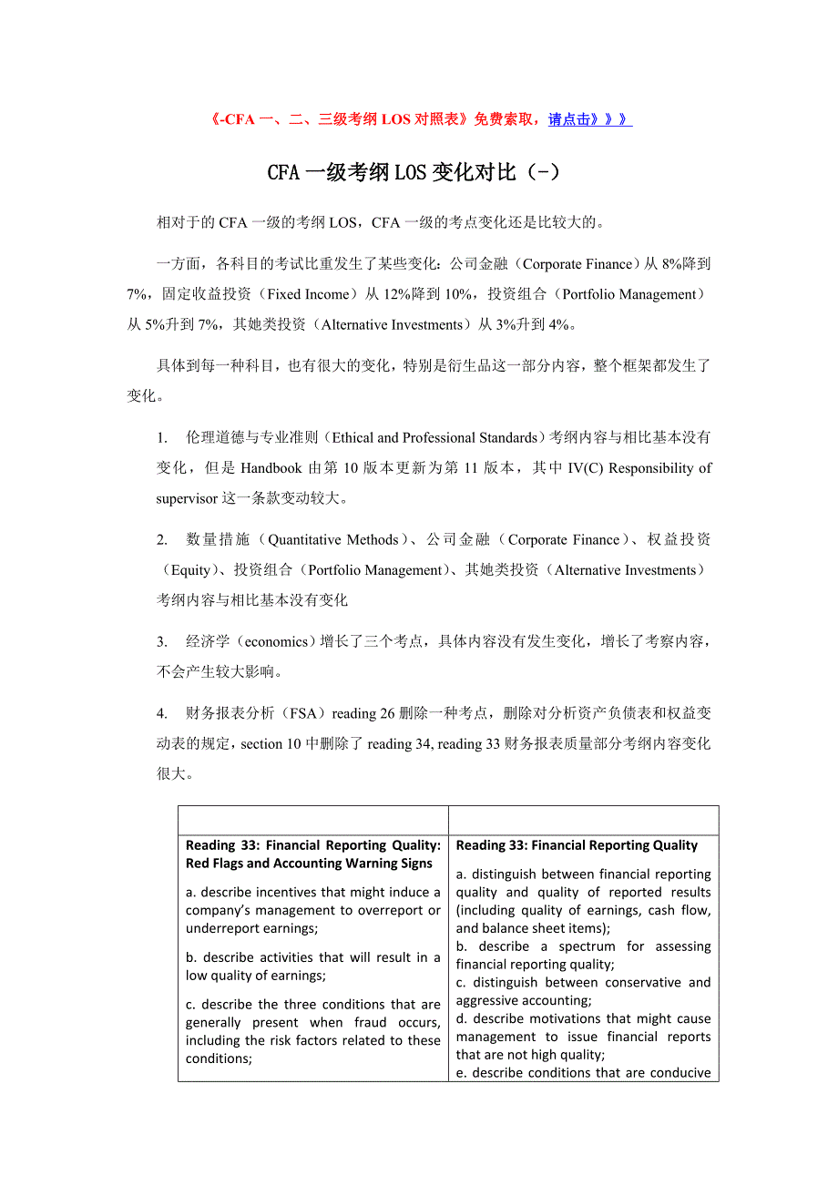 [全球首发]CFA最新考纲LOS分析报告_第1页