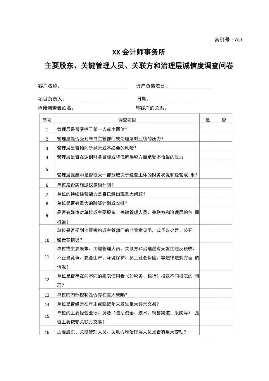 11-主要股东、关键管理人员、关联方和治理层诚信度调查问卷_第1页