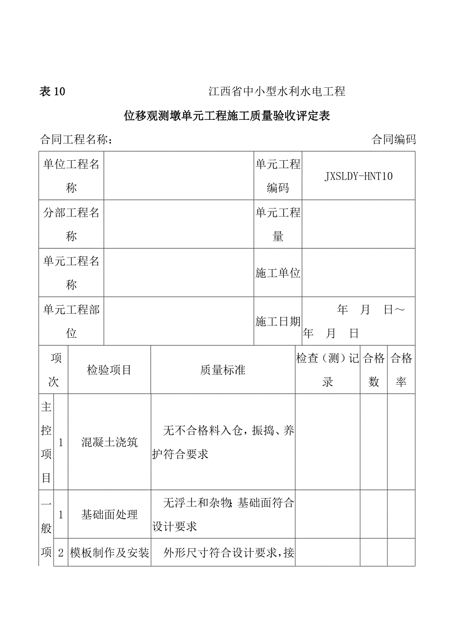 表10位移观测墩单元工程施工质量验收评定表_第1页