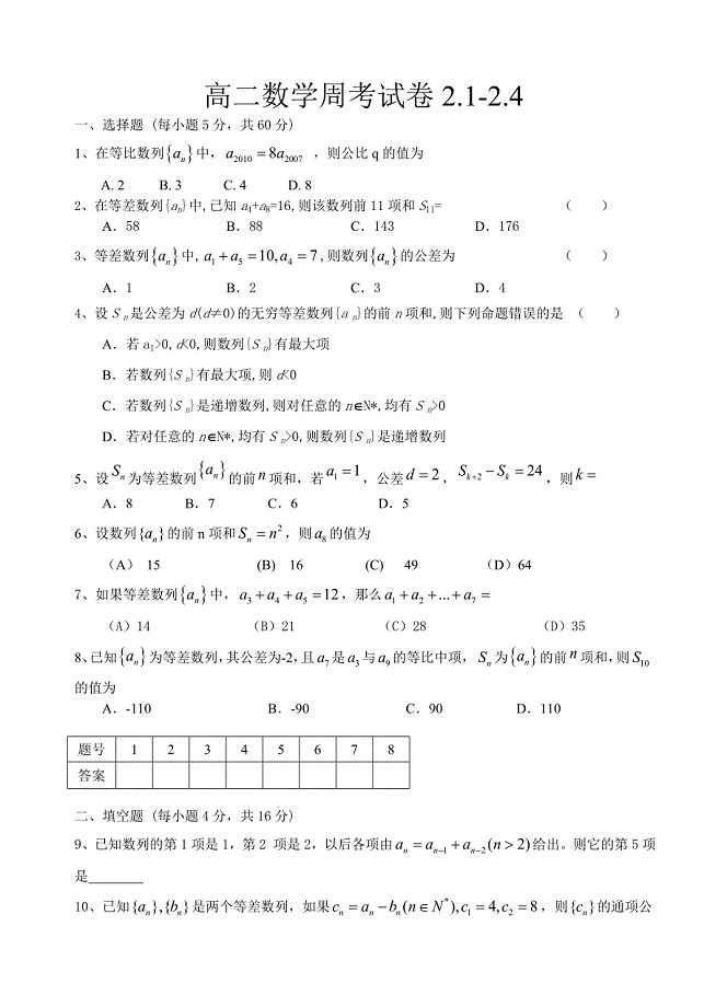 高二数学周考试卷2.1-2.4.doc