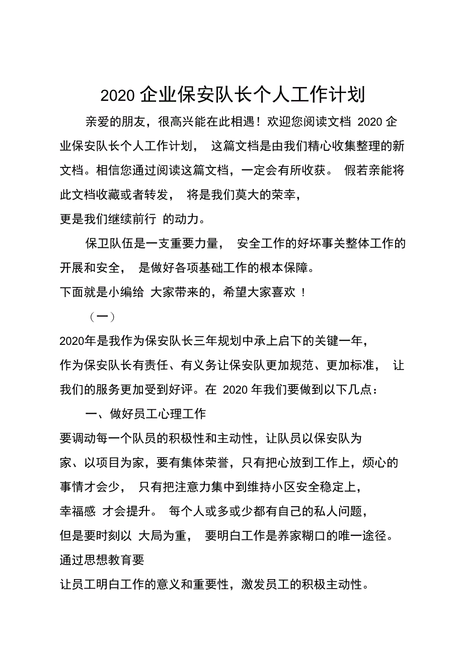 2020企业保安队长个人工作计划_第1页