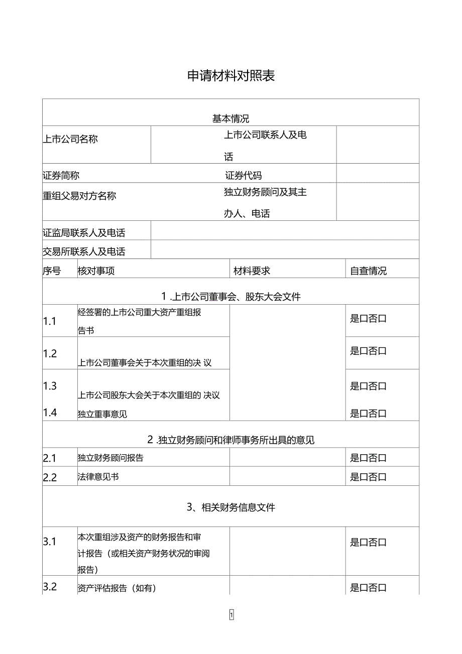 重大重组申请文件对照表_第1页