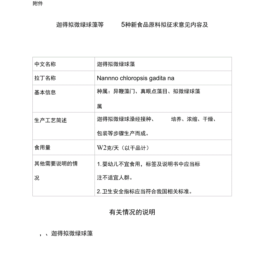 迦得拟微绿球藻等5种新食品原料拟征求意见内容及有关问题的说明_第1页