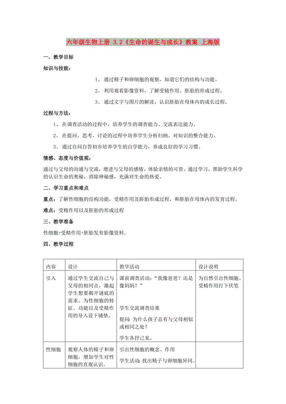 六年级生物上册 3.2《生命的诞生与成长》教案 上海版_第1页