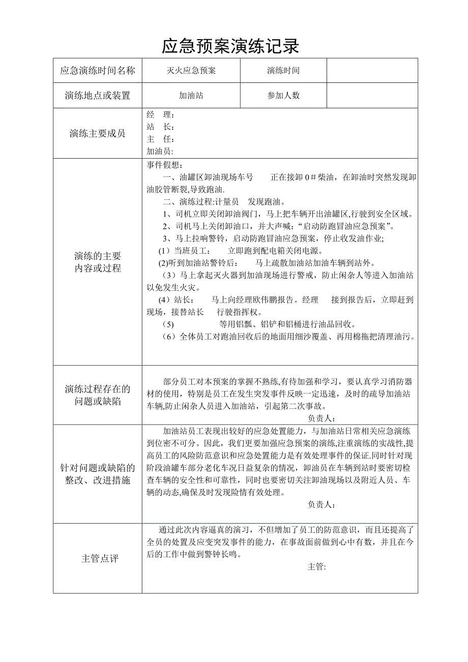 加油站应急预案演练记录模板33927_第1页