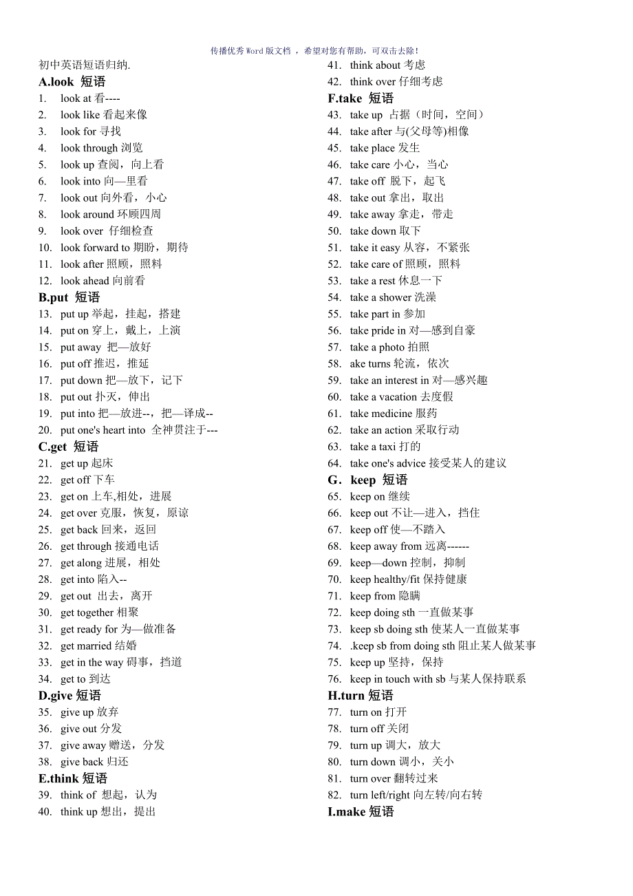 初中英语短语归纳打印版Word版_第1页