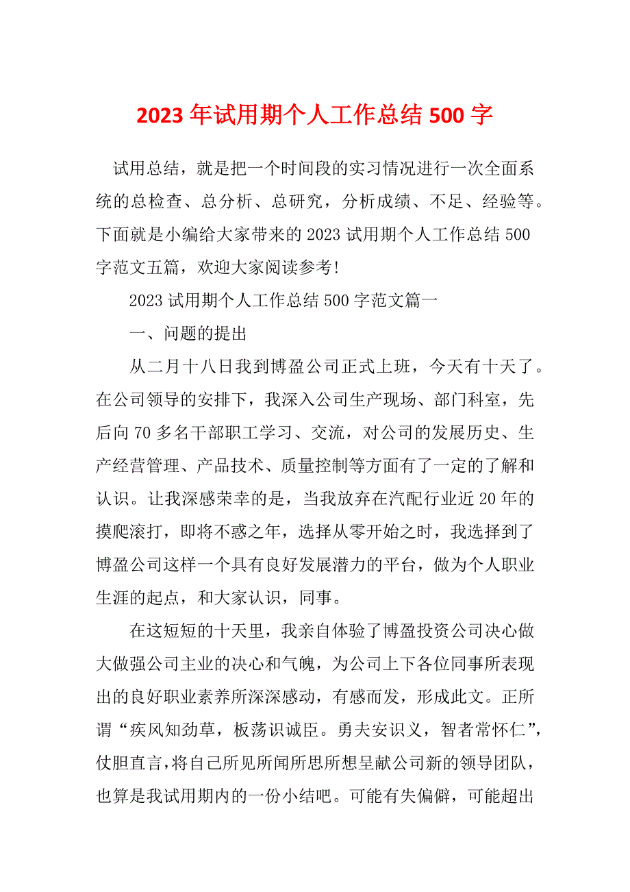 2023年试用期个人工作总结500字_第1页