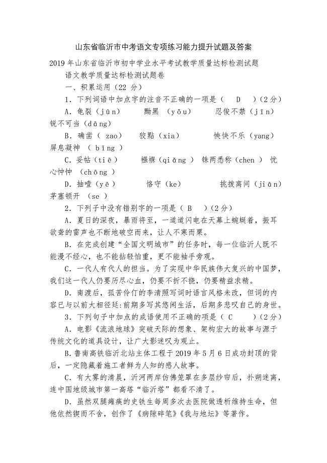 山东省临沂市中考语文专项练习能力提升试题及答案-2.docx